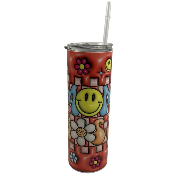 Skinny Tumbler 20oz Mom Boss Flowers Smiley Face Puffy Inflated Stainless-Steel - Picture 2 of 9